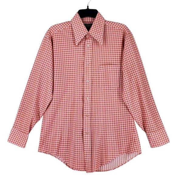 Vtg 70s Sears Shirt Men L Trim Reg Orange White Gingham Check Fitted Lightweight - Picture 9 of 11